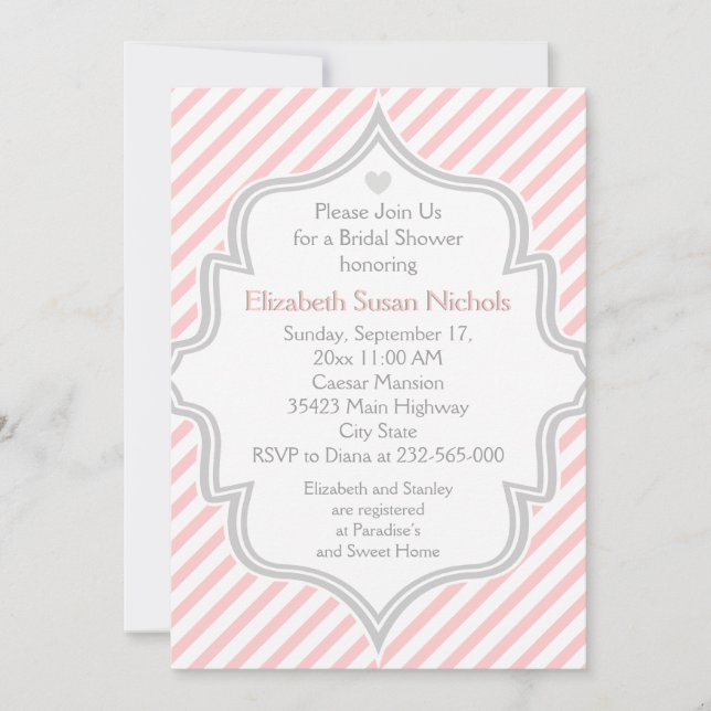 Invitation Rose, blanc, rayures gris mariage douche nuptiale (Devant)