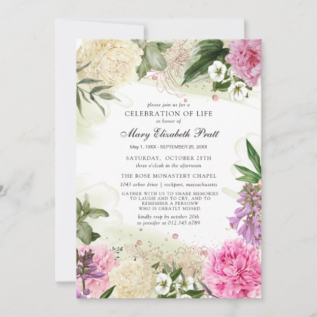 Invitation Rose blanc violet Floral Célébration de la vie (Devant)