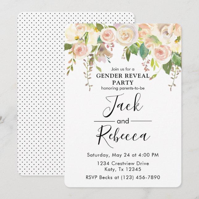 Invitation Rose blanche Baby shower de révélation genre (Devant / Derrière)