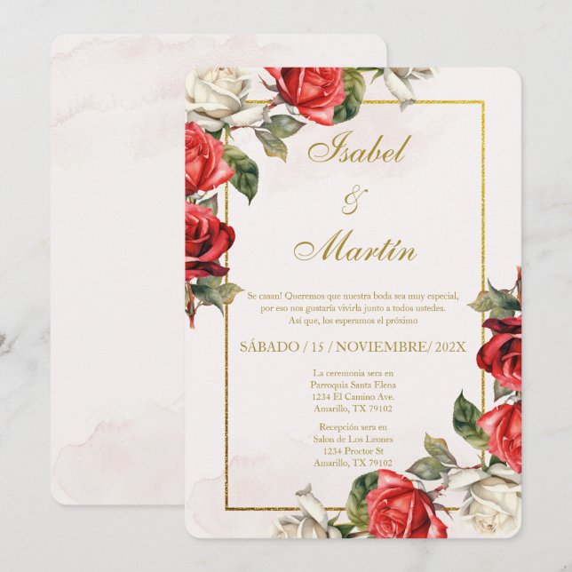 Invitation Rose blanche et rouge Élégant mariage espagnol (Devant / Derrière)