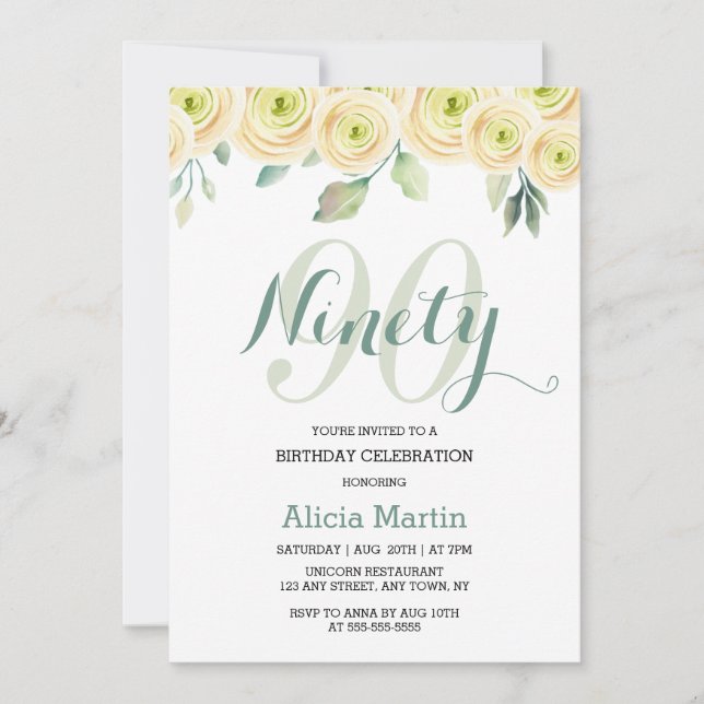 Invitation Rose blanche Eucalyptus Jolie Flore 90e anniversai (Devant)