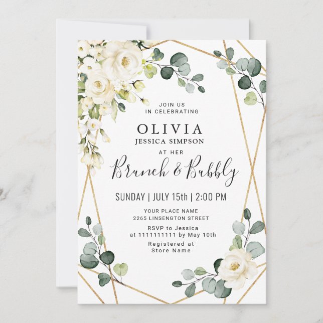 Invitation Rose blanche Eucalyptus Vert Brunch & Bubbly (Devant)