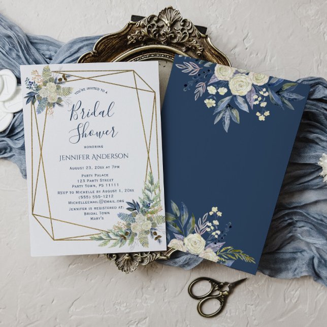 Invitation Rose blanche Fête des mariées florale bleu (Créateur téléchargé)