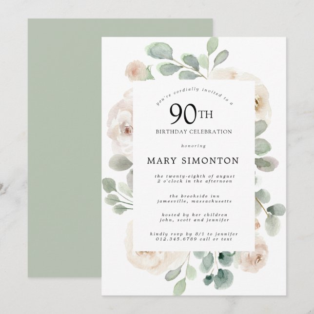 Invitation Rose blanche Fleur Eucalyptus 90e fête d'anniversa (Devant / Derrière)
