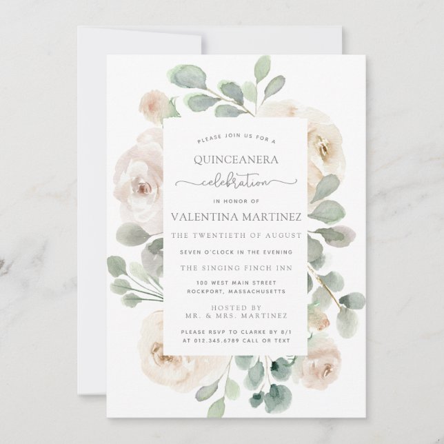 Invitation Rose Blanche Fleuriste Botanique Quinceanera (Devant)
