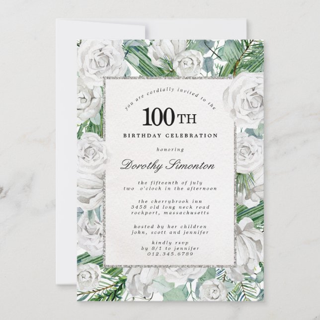 Invitation Rose blanche Floral 100e Anniversaire de fête Invi (Devant)