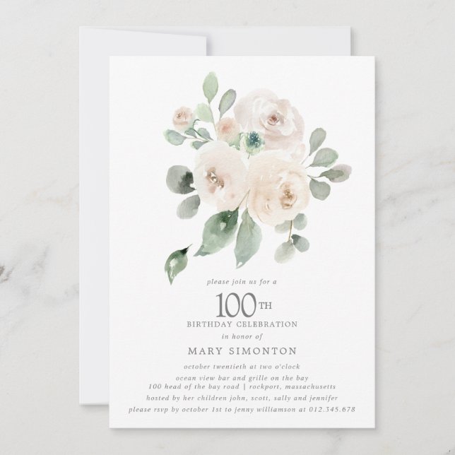 Invitation Rose blanche Floral Eucalyptus 100e fête d'anniver (Devant)