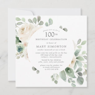 Invitation Rose blanche Floral Eucalyptus 100e fête d'anniver