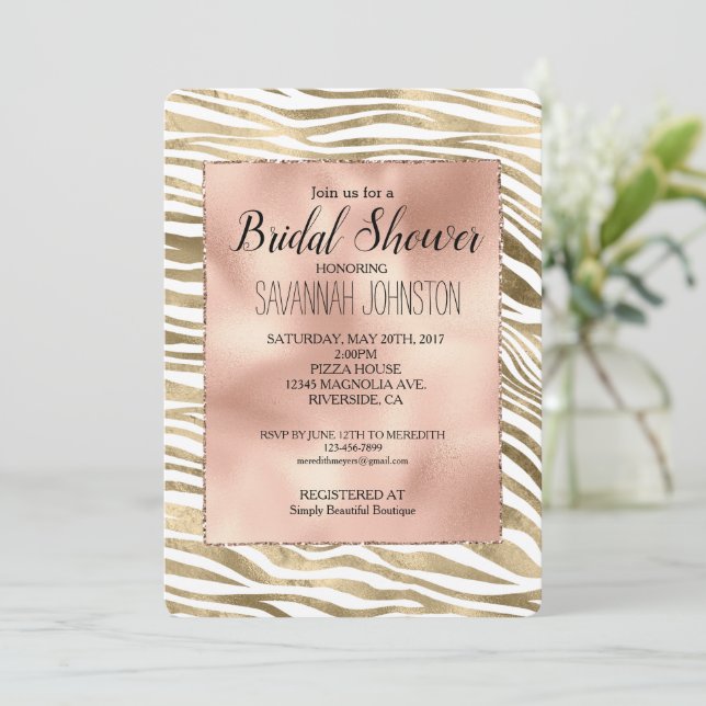 Invitation Rose blanche Gold Zebra Fête des mariées animale (Debout devant)