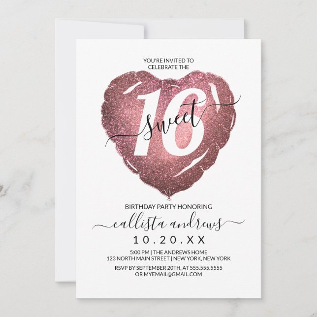 Invitation Rose blanche Parties scintillant d'or Coeur Balloo (Devant)