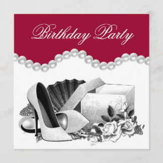 Invitation Rose blanche perles talons hauts Rouge fête d'anni