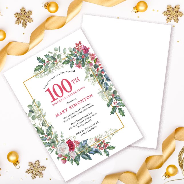 Invitation Rose blanche rouge Floral Holly 100e anniversaire (Need a matching Welcome sign? Party supplies. Message me!)