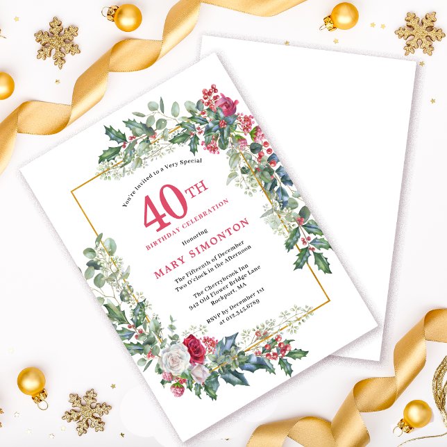 Invitation Rose blanche rouge Floral Holly 40e fête d'anniver (Créateur téléchargé)