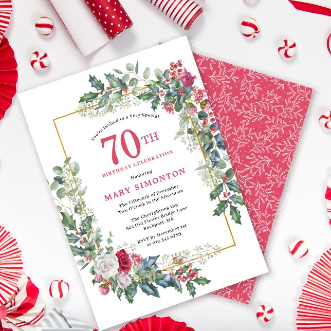 Invitation Rose blanche rouge Floral Holly 70e fête d'anniver (Need a matching welcome sign? Message me!)