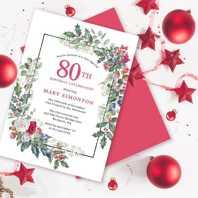 Invitation Rose blanche rouge Floral Holly 80e fête d'anniver (Need a matching welcome sign? Party supplies. Message me!)