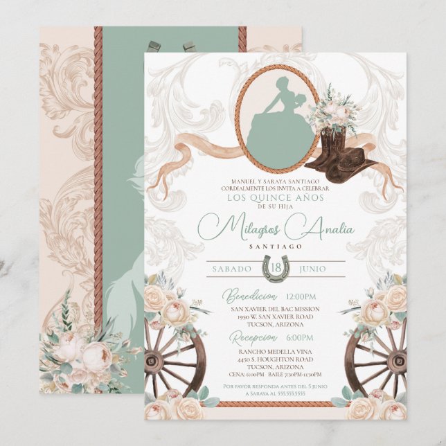 Invitation Rose blanche Sage Elegant Charro Quinceanera Ouest (Devant / Derrière)