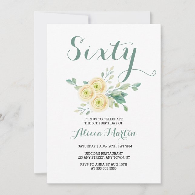 Invitation Rose blanche verte Soixante anniversaire (Devant)