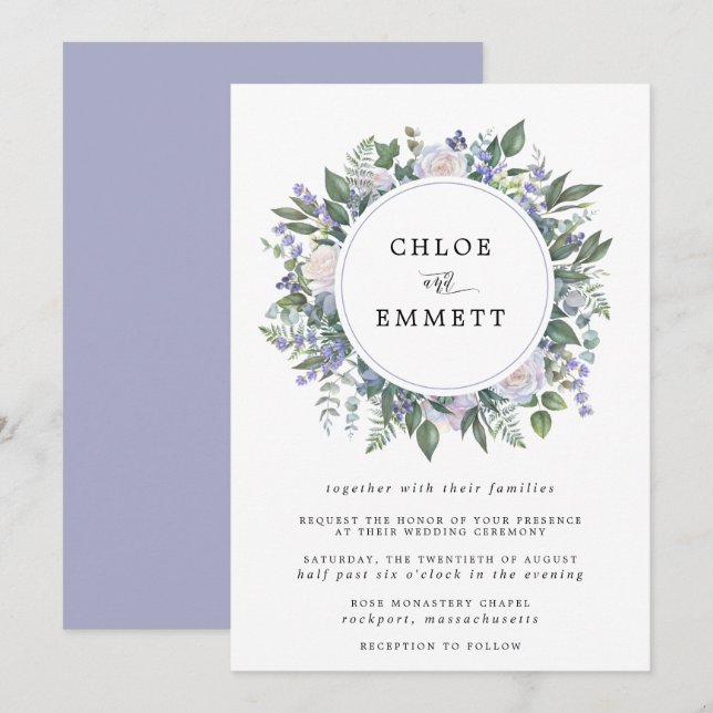 Invitation Rose blanche violet et Mariage de fleurs bleues (Devant / Derrière)