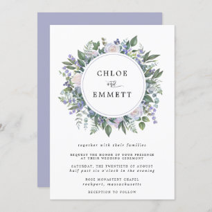 Invitation Rose blanche violet et Mariage de fleurs bleues