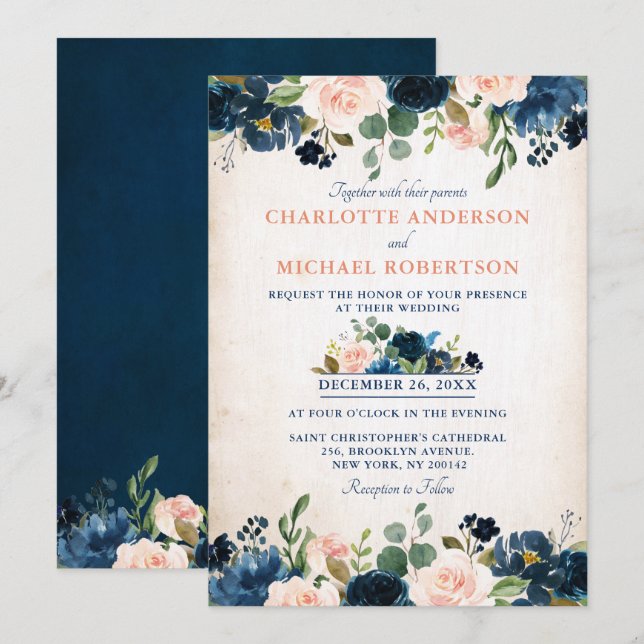 Invitation Rose bleu bleu bleu marine Floral Russe Mariage ca (Devant / Derrière)
