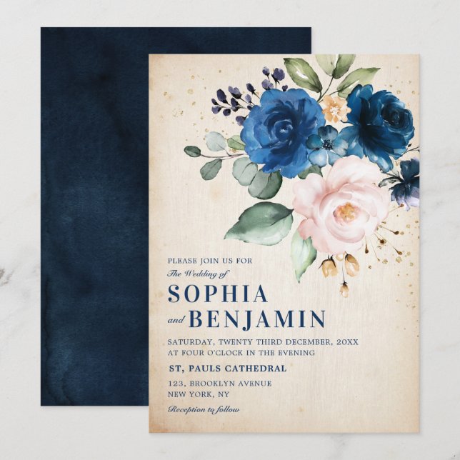 Invitation Rose bleu bleu bleu marine Floral Russe Mariage ca (Devant / Derrière)