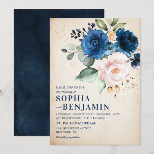 Invitation Rose bleu bleu bleu marine Floral Russe Mariage ca
