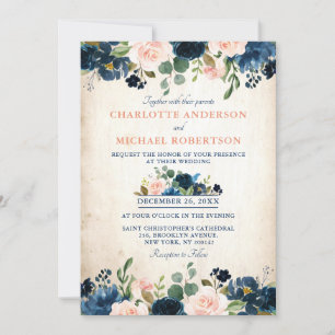 Invitation Rose bleu bleu bleu marine Floral Russe Mariage ca