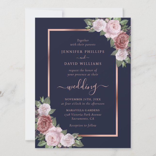 Invitation Rose bleu bleu marine Mariage floral or  (Devant)
