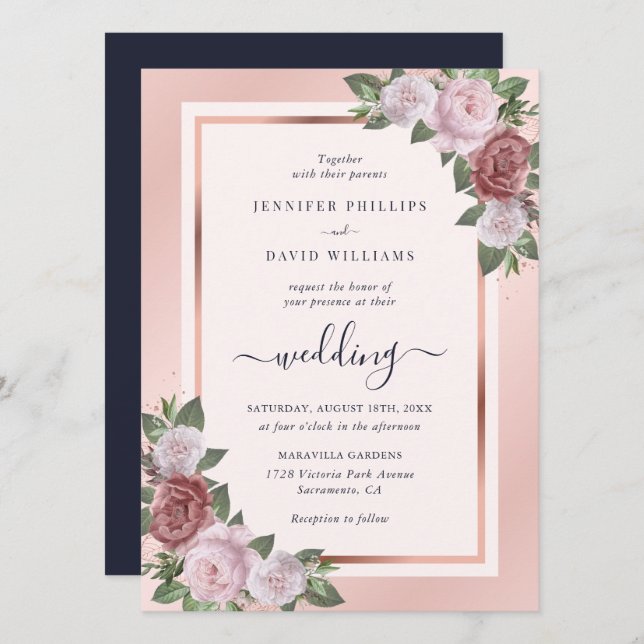 Invitation Rose bleu bleu marine Mariage floral or  (Devant / Derrière)