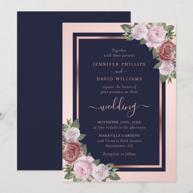 Invitation Rose bleu bleu marine Mariage floral or  (Devant / Derrière)