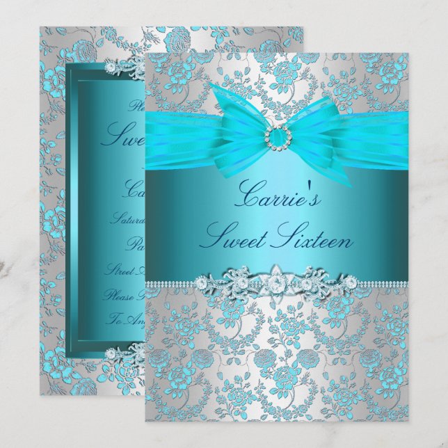 Invitation Rose bleu Bow Sweet sixteen (Devant / Derrière)