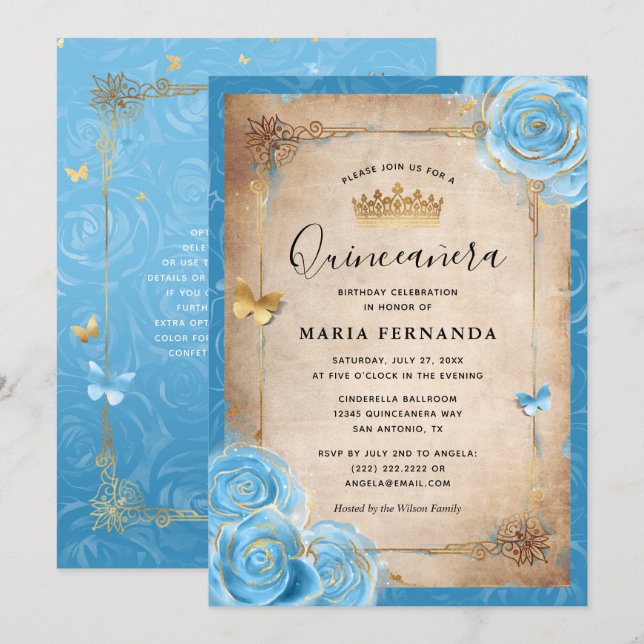 Invitation Rose bleu clair et or Elégant Quinceanera (Devant / Derrière)