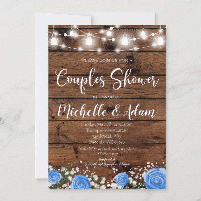 Invitation Rose bleu Couples Douche Rustique Pays (Devant)