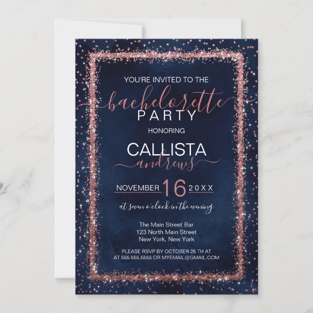 Invitation Rose bleu de la marine Arrosage d'or Confetti Bach (Devant)