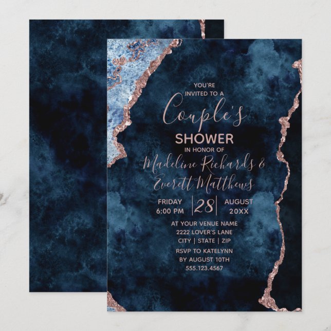 Invitation Rose bleu de la marine Gold Chic Wedding shower In (Devant / Derrière)