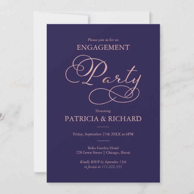 Invitation Rose bleu de la marine Gold Script (Devant)