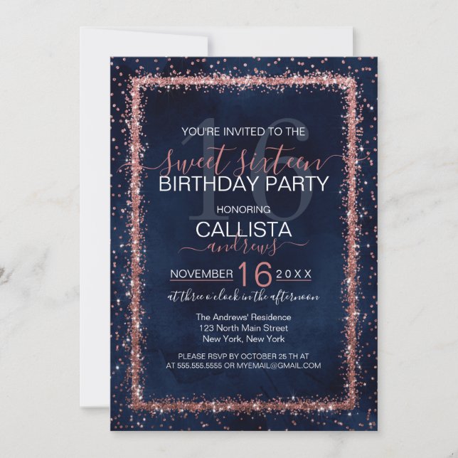 Invitation Rose bleu de la Marine or arrosé Confetti Sweet 16 (Devant)