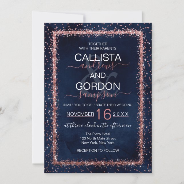Invitation Rose bleu de la marine  or arrosé Mariage Confetti (Devant)