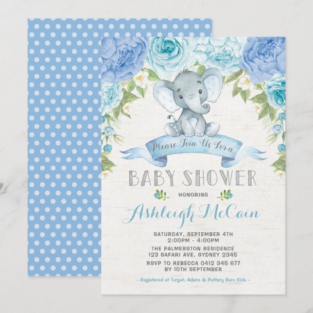 Invitation Rose bleu Elephant Baby shower garçon Jungle (Devant / Derrière)