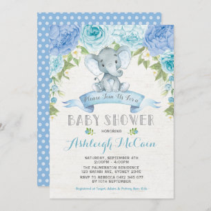 Invitation Rose bleu Elephant Baby shower garçon Jungle