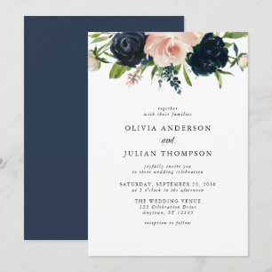 Invitation Rose bleu et bleu marine Floral Watercolor Mariage