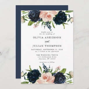 Invitation Rose bleu et bleu marine Floral Watercolor Mariage