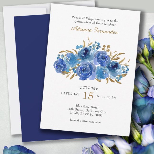 Invitation Rose bleu et feuille or Quinceanera (Créateur téléchargé)