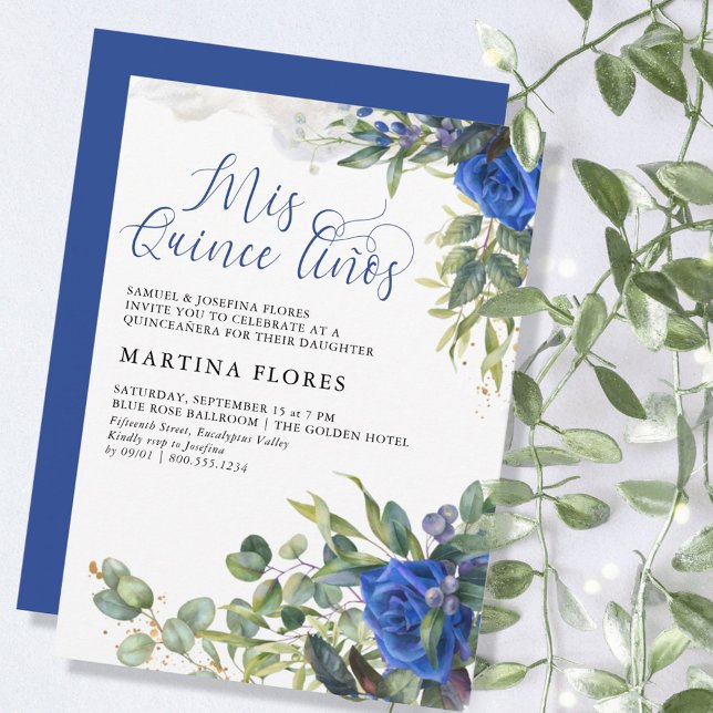 Invitation Rose bleu Eucalyptus Mis Quince Anos Quinceanera (Créateur téléchargé)