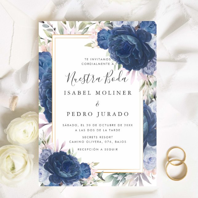 Invitation Rose bleu Floral Nuestra Boda Mariage espagnol (Créateur téléchargé)