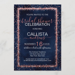 Invitation Rose bleu marine Fête des mariées Gold Confetti
