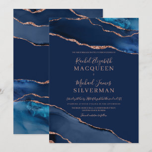 Invitation Rose bleu marine Gold Agate Marbre Mariage Invitat