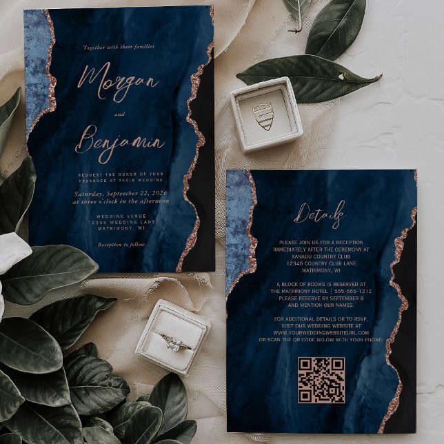 Invitation Rose bleu marine Gold Agate Script QR Code Mariage (Créateur téléchargé)