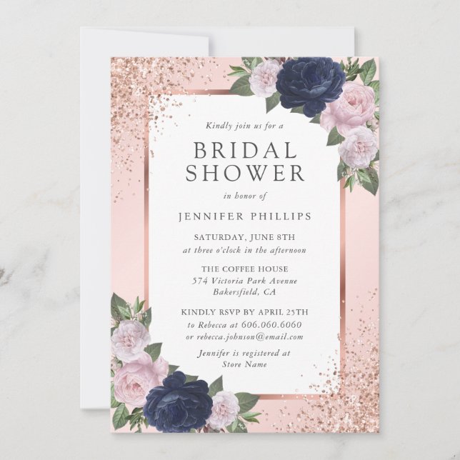 Invitation Rose bleu marine Gold Blush Fête des mariées flora (Devant)