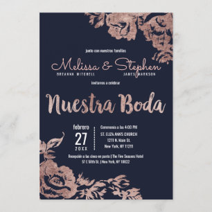 Invitation Rose bleu marine Gold Floral Mariage espagnol